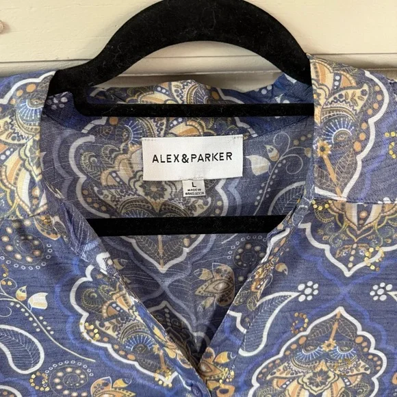 Alex & Parker Blue Tan Paisley Blouse Button Down Top - Picture 2 of 8